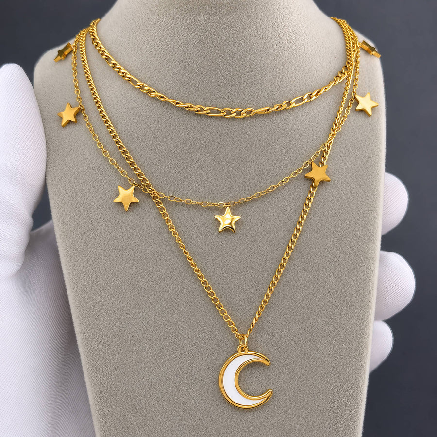 "CRESCENT AND STAR" PVD GOLD-PLATED STEEL NECKLACE - INTENSITY
