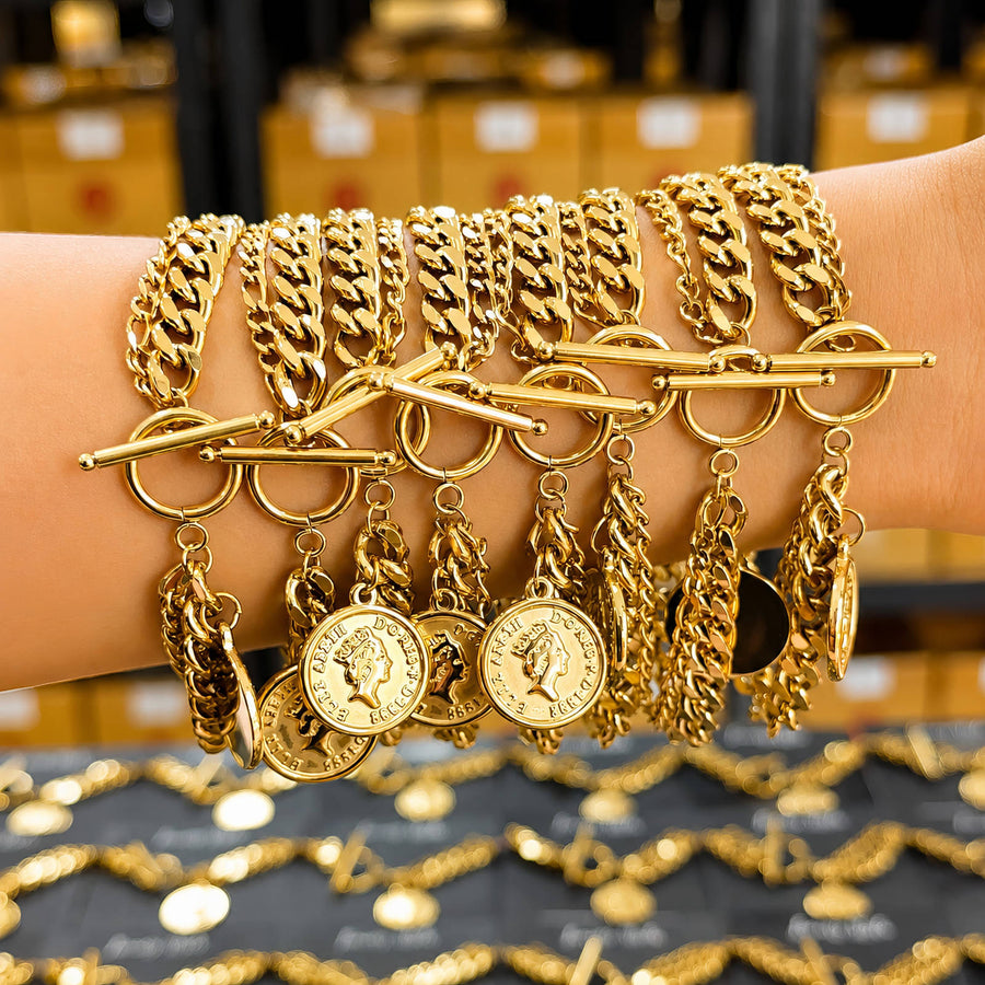 "COIN" PVD GOLD-PLATED STAINLESS STEEL BRACELET - INTENSITY